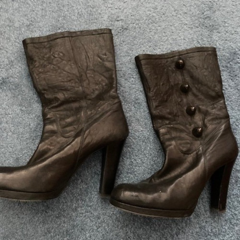Thomas Wylde Black Leather Graphite Studded Mid Calf Bootie Size 9